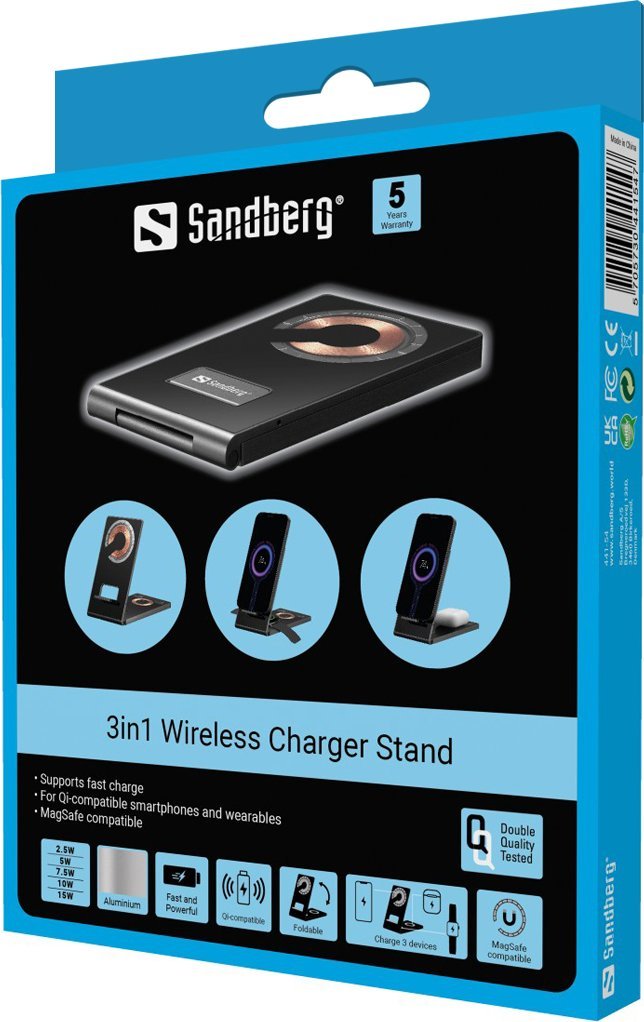 Karikues wireless Sandberg 3in1 Wireless Charger Stand, mbajtës për smartphone, AirPods dhe smartwatch, i zi
