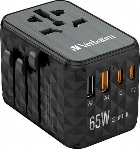 Adapter udhëtimi Verbatim GaN III, universal, 65W, 2x USB C 2x USB A, i zi