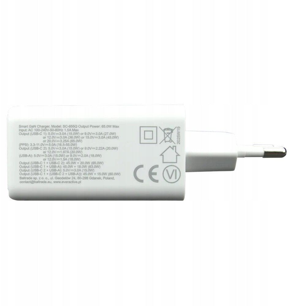 Karikues mural Everactive 65W, 1x USB, 2x USB C, i bardhë