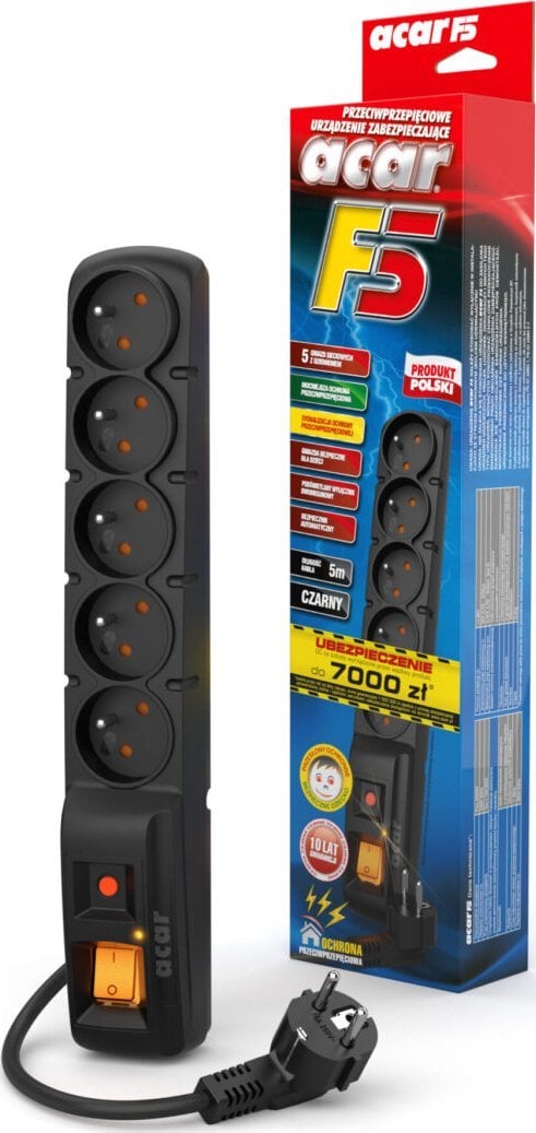 Kabllo vazhduese Acar F5 Power Strip (W0102), 5 priza, 5 m, e zezë.