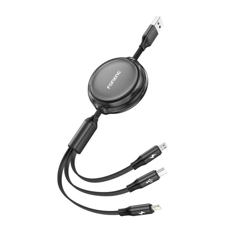 Kabllo USB Foneng X113 3in1, 1.1m, 3A, i zi