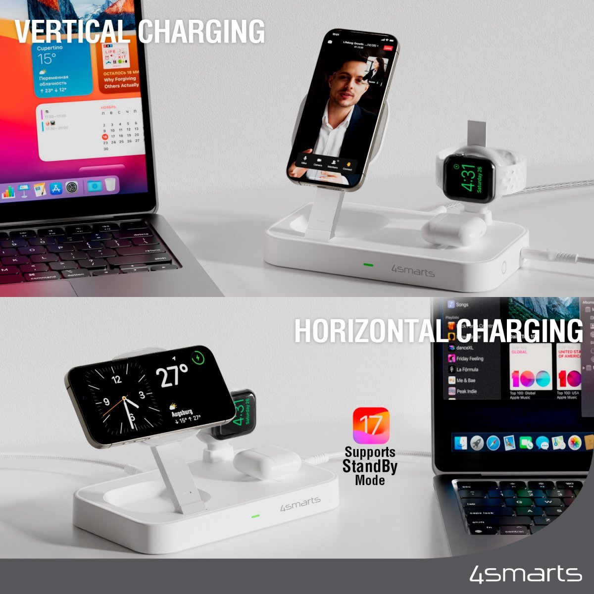 Stacion karikimi 4smarts Qi2 Trident, 25W, MFi për Apple Watch, i bardhë
