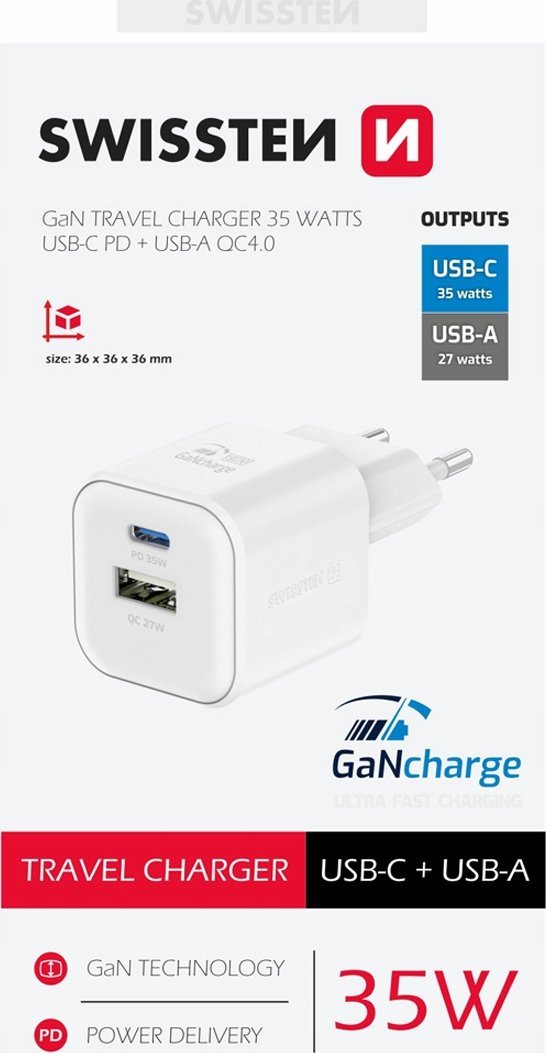 Karikues muri Swissten GaN, 1x USB C 35W PD, 1x USB A 27W, i bardhë