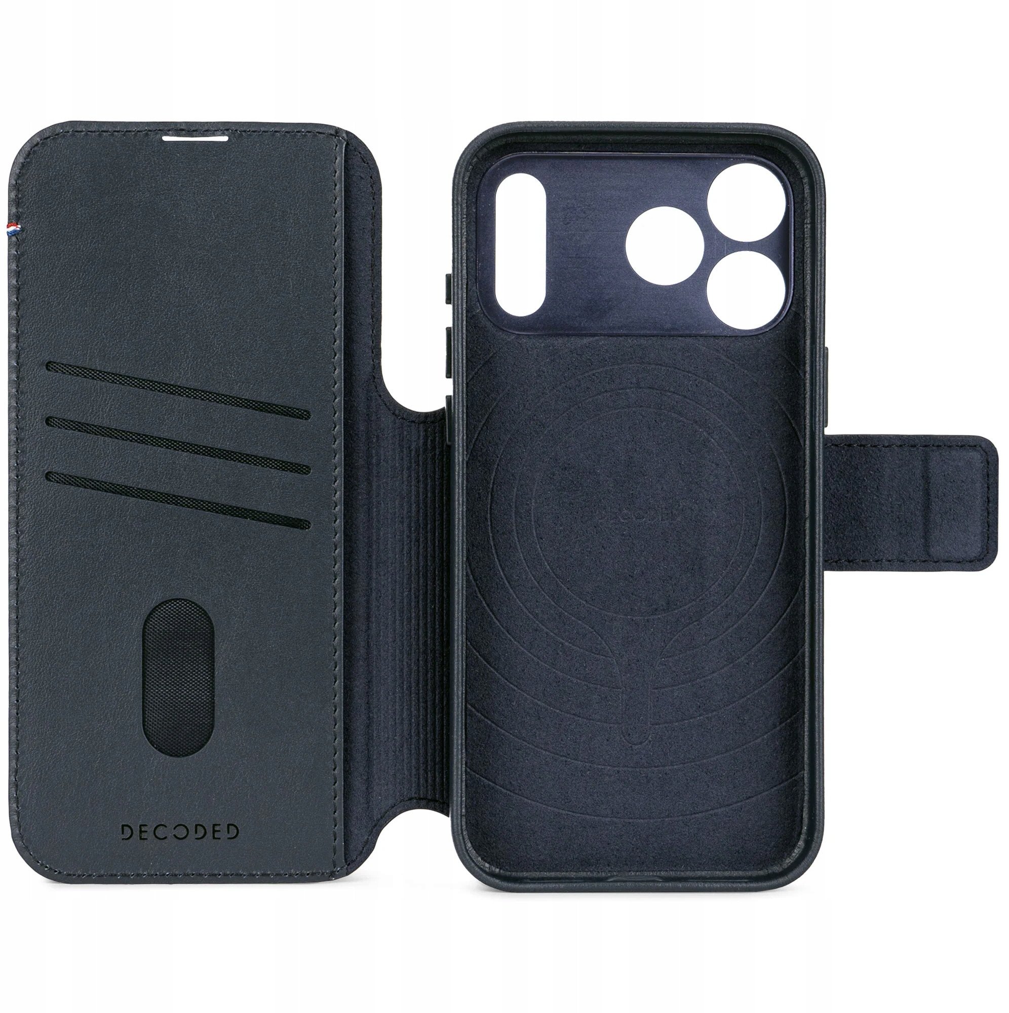 Mbështjellëse folio Decoded për iPhone 17 Pro, lëkurë natyrale, me xhepa kartelash, blu