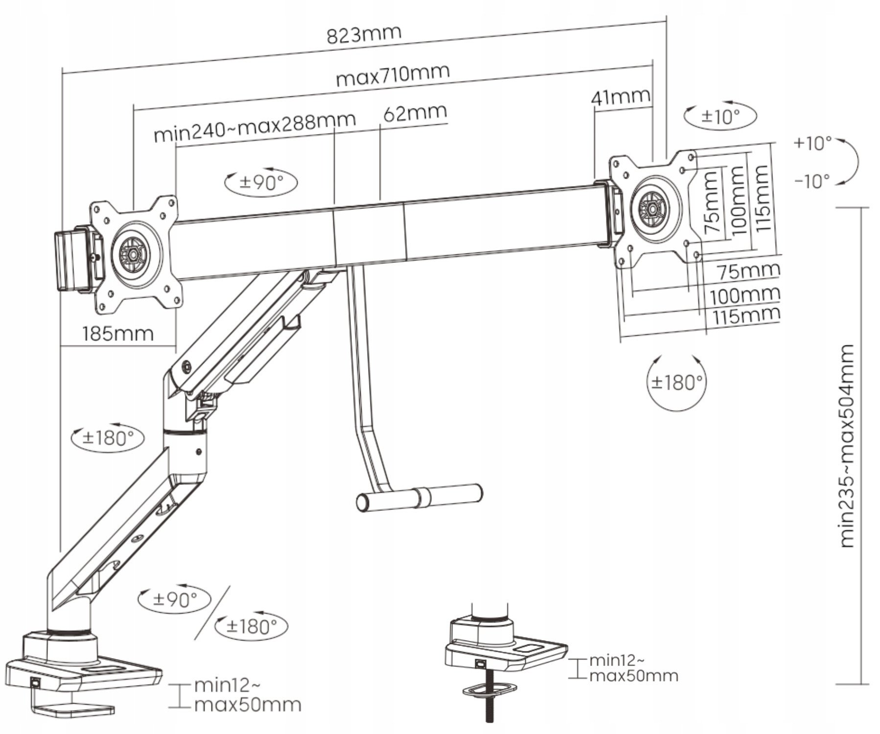 Krah monitori Brateck LDT69 C022, për 2 monitorë 17 32", sustë gazi, i zi