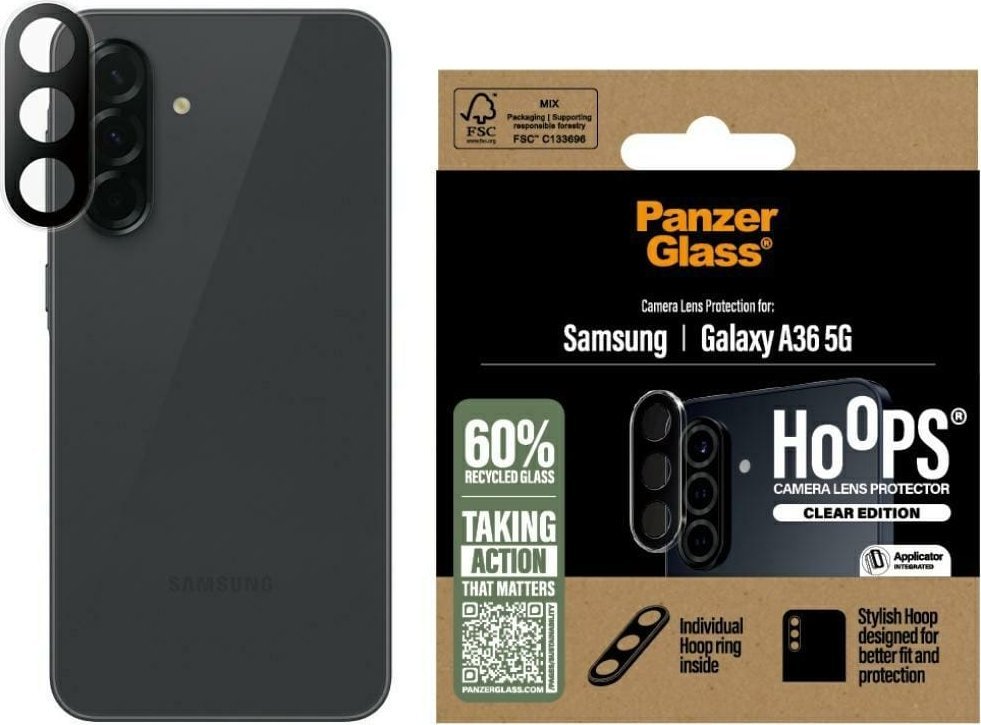 Mbrojtës kamerë PanzerGlass Hoops, për Samsung Galaxy A36 5G, xham i temperuar, transparent