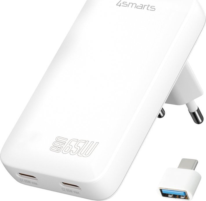 Karikues muri 4smarts FlatPlug Slim Dual, 65W GaN, 2x USB C, i bardhë