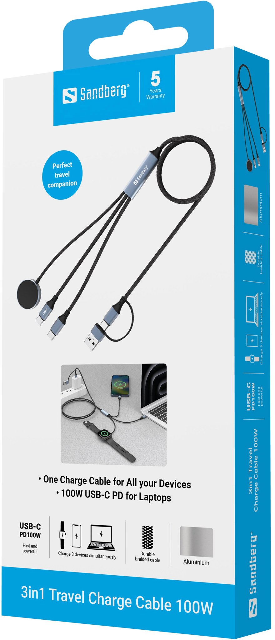 Kabllo karikimi Sandberg 3in1 441-69, USB-C PD 100W, 1.2m, gri