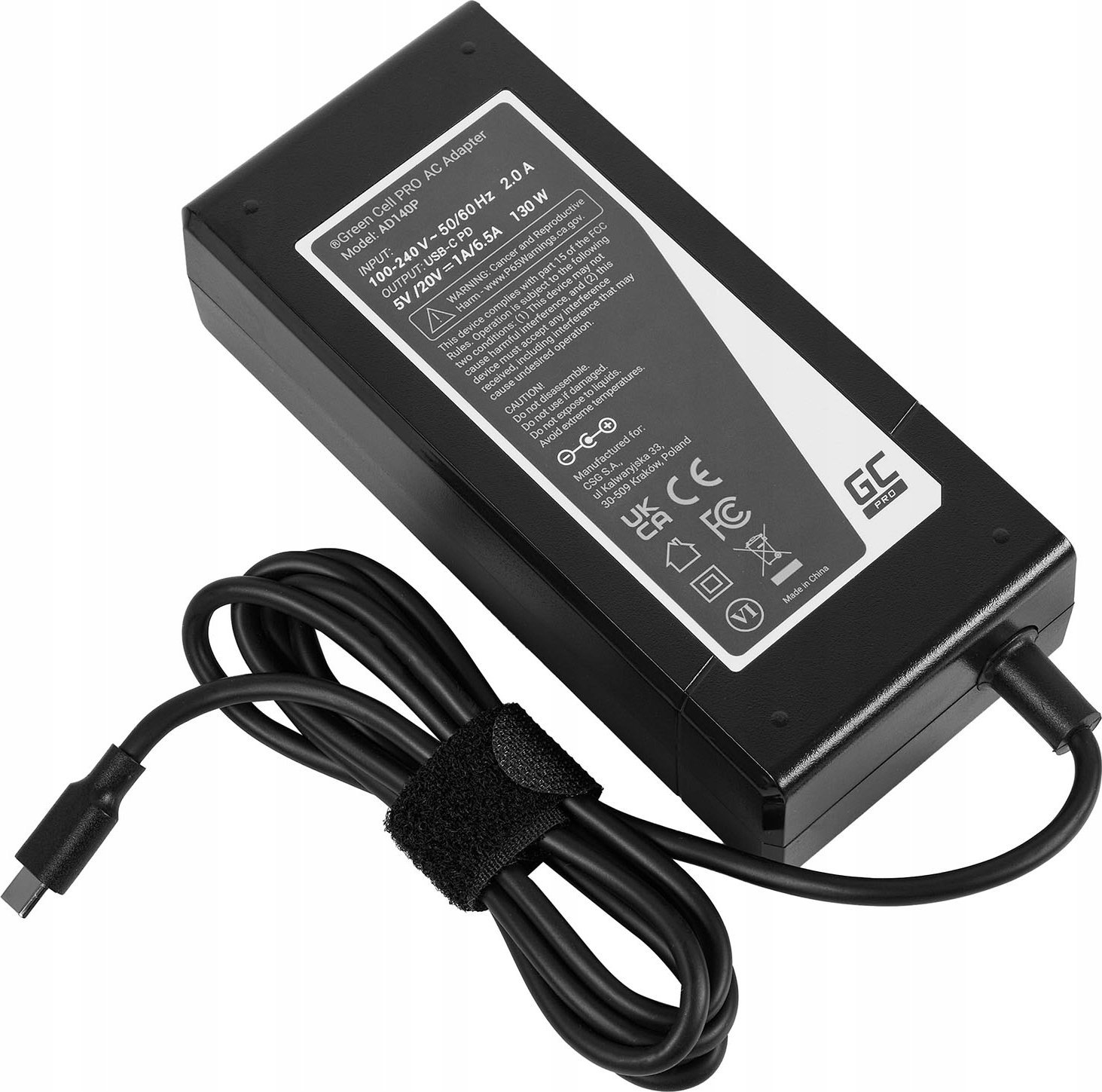 Adapter universal për laptop Green Cell AD140P, 130 W, me kabllo AC, i zi
