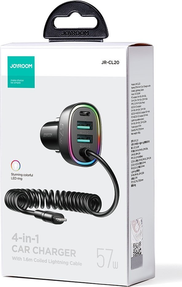 Karikues makine Joyroom JR-CL20, 57W, 4 porta, me kabllo Lightning 1.6m, i zi
