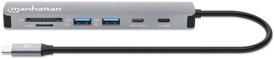 Hub USB C Manhattan 7 në 1, HDMI 4K, Power Delivery 100W, gri