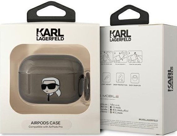 Mbajtëse Karl Lagerfeld KLAPHNIKTCK për AirPods Pro 2, TPU PC, me unazë varëse, e zezë