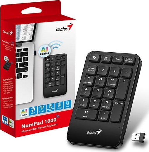 Tastierë numerike Genius NumPad 1000 Copilot, wireless, me buton AI Copilot, e zezë