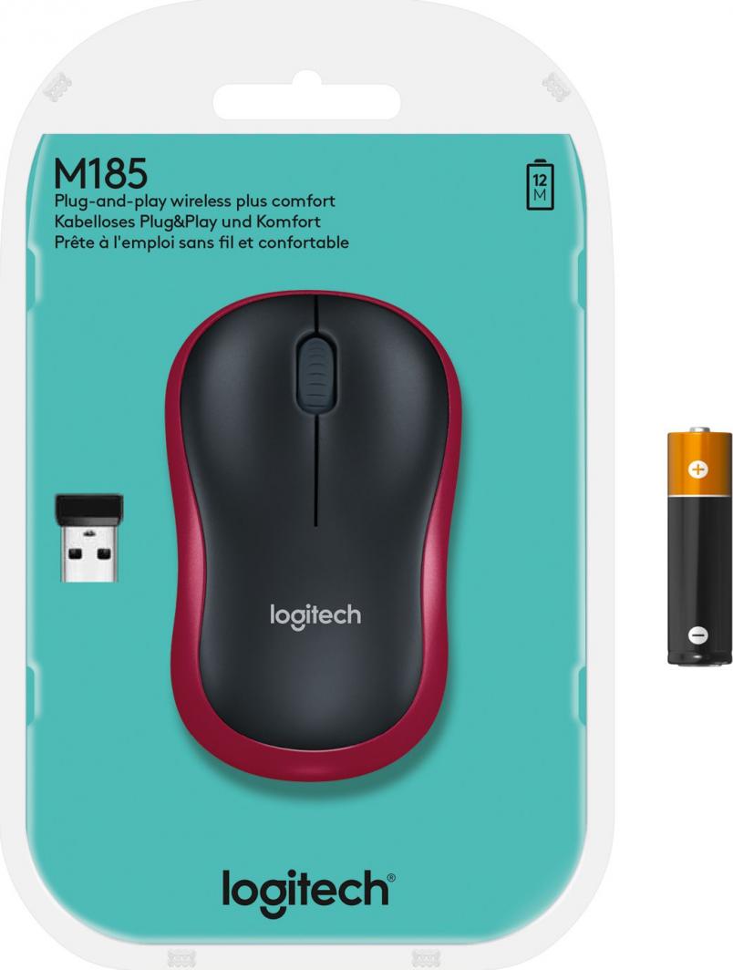 Maus Logitech M185, wireless, USB, i zi dhe i kuq