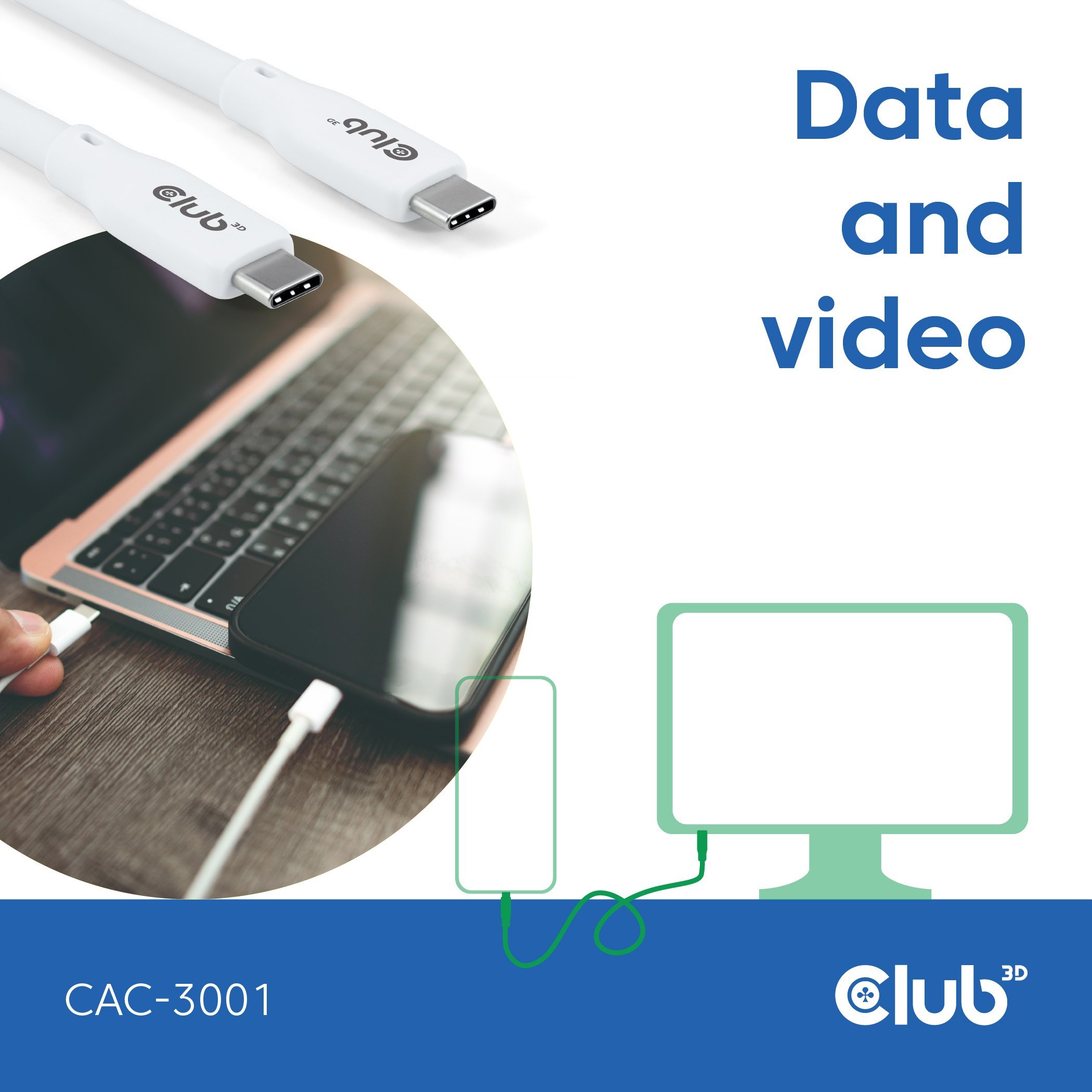 Kabllo USB C në USB C Club3D CAC 2m, 240W, 20Gbps, e bardhë