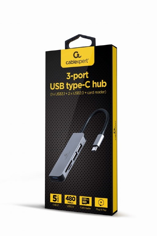 USB Hub Gembird USB-C, 3 porte, lexues kartash, e zezë/e argjendtë