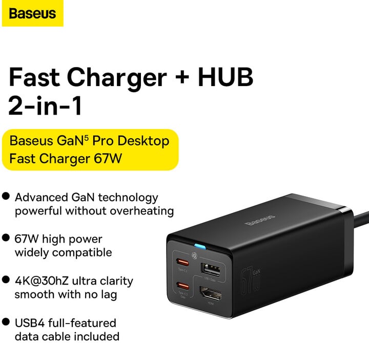 Karikues Baseus GaN5 Pro, 2xUSB-C, USB-A, HDMI, 67W, i zi + kabllo 1.5m
