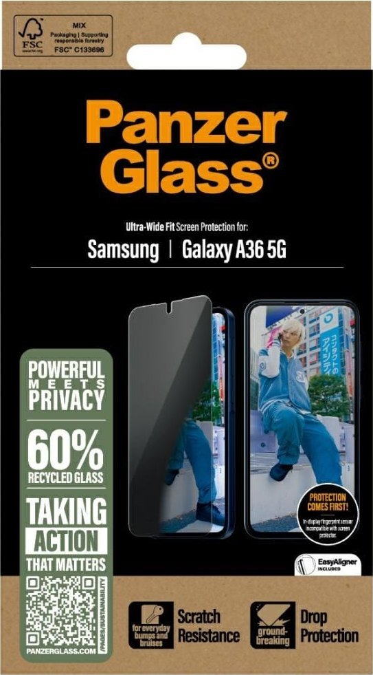 Xham mbrojtës ekrani CARE by PanzerGlass, Ultra-Wide Fit Privacy, për Samsung Galaxy A36, transparent