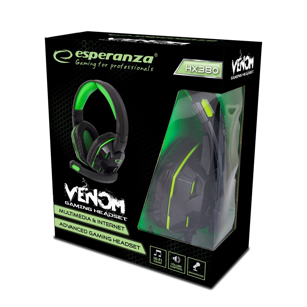 Kufje gaming Esperanza Venom EGH380, me mikrofon, stereo, të zeza me jeshile