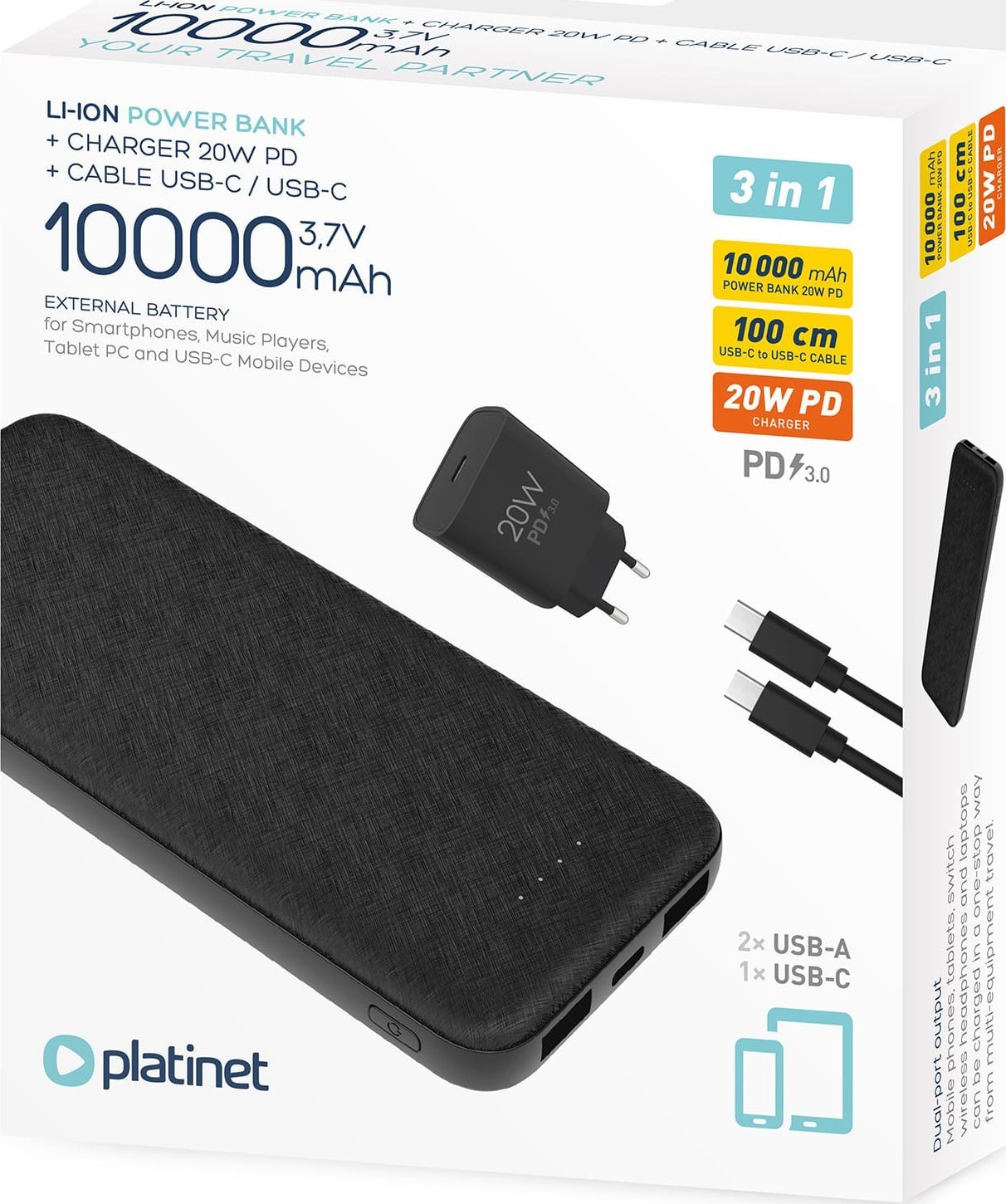 Set karikimi Platinet Power Bank 10000mAh, karikues 20W PD, kabllo 1m USB C, i zi