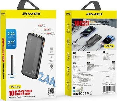 Powerbank Awei P20K, 10000mAh, 2x УСБ, црн