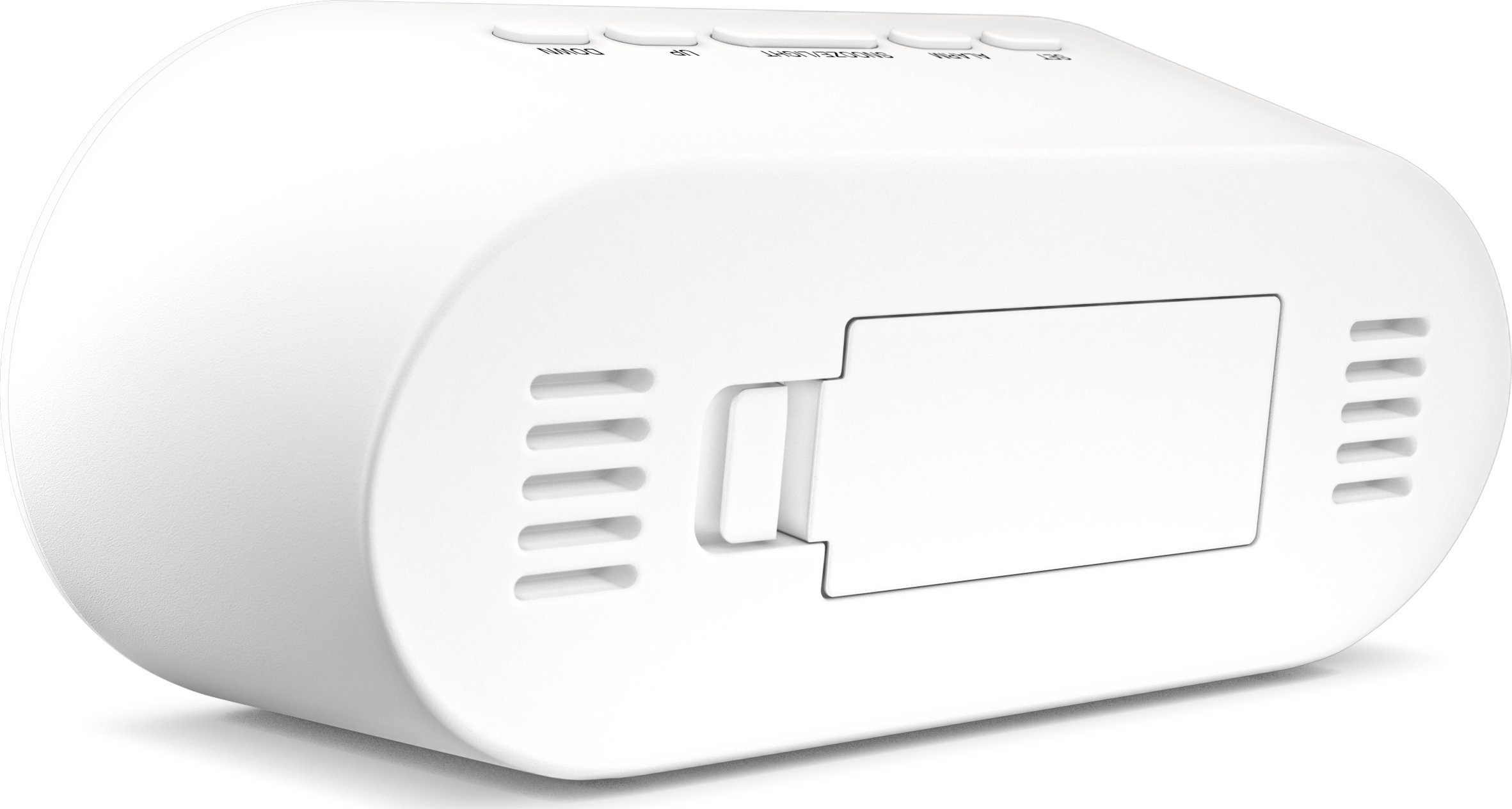 Orë alarmi digjitale Mebus 25808, ekran i kaltër, matje temperature °C, e bardhë