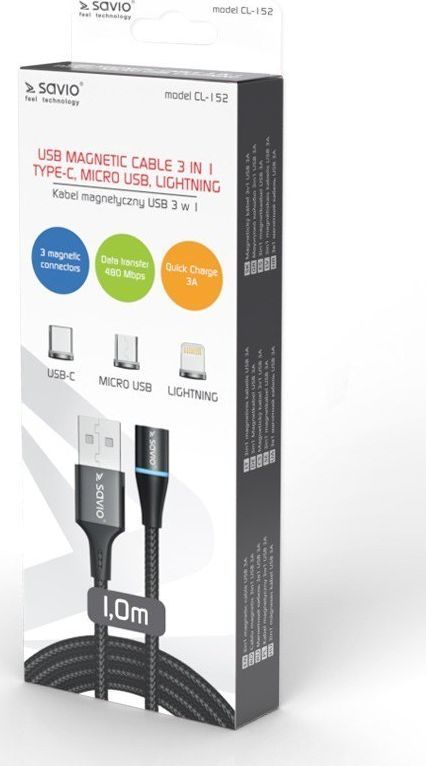 Kabllo USB-A - USB-C + microUSB + Lightning 1 m Magnetic (CL-152), e zezë