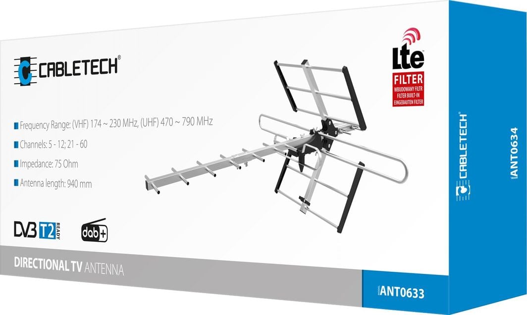 Antena TV drejtuese Cabletech Yagi, DVB-T DVB-T2 DAB+, filtër LTE, e argjendtë
