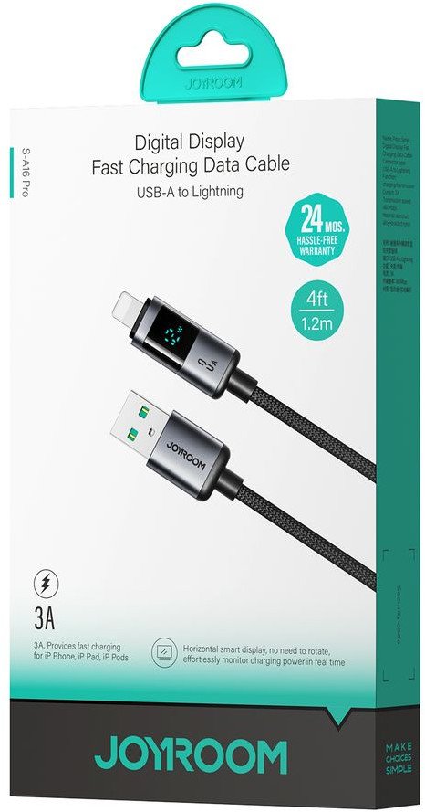 Kabllo karikues Joyroom USB A në Lightning, 3A, 1.2m, me ekran, gri