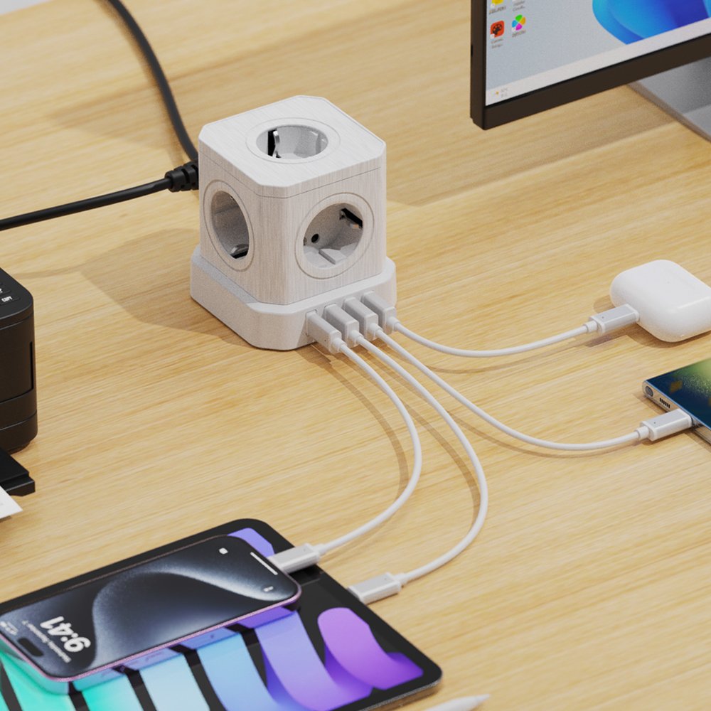 Shpërndarës energjie Newell GaN Power Cube 9in1, 5x AC, USB A dhe USB C, 1.5m, i bardhë