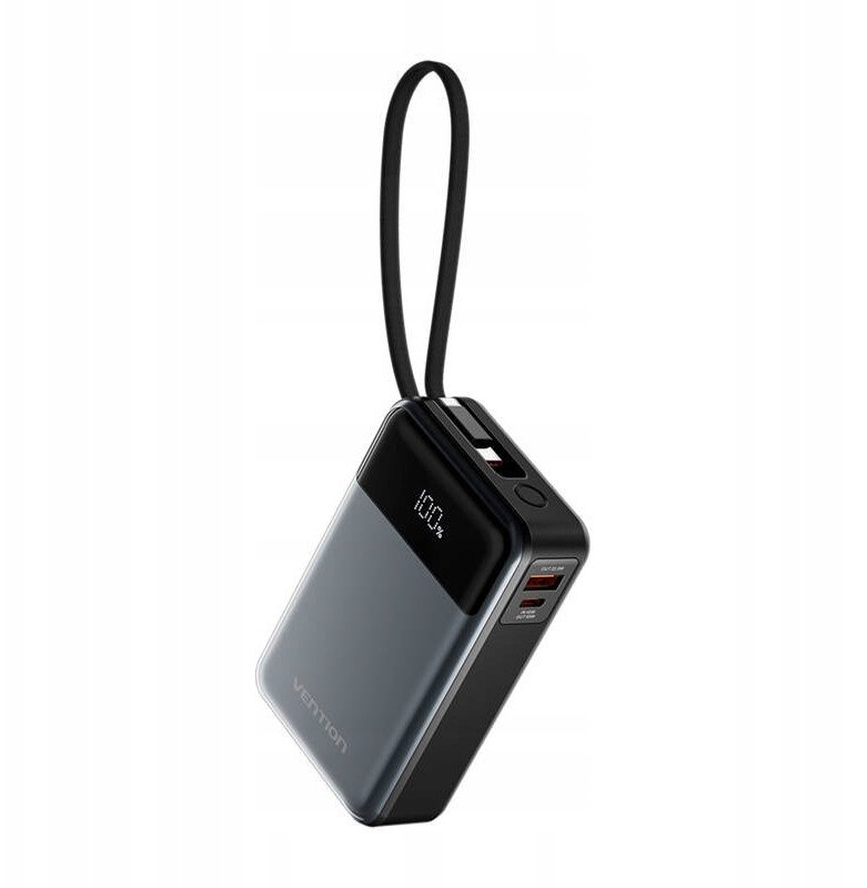 Power bank Vention Ty, 20000mAh, 65W, me kabllo USB C të integruar, me ekran LED, i zi
