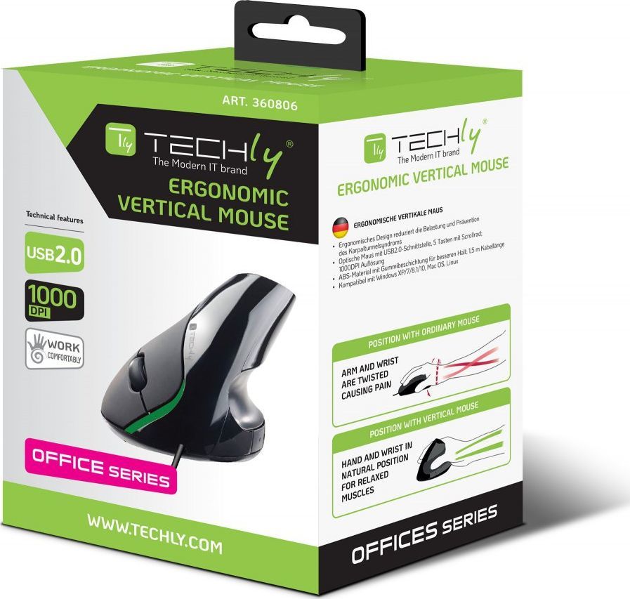 Maus ergonomik Techly, me kabllo, USB, i zi