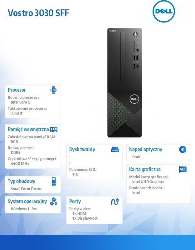 Kompjuter desktop Dell Vostro 3030 SFF, Intel Core i3 14100, 8GB DDR5, SSD 1TB, i zi