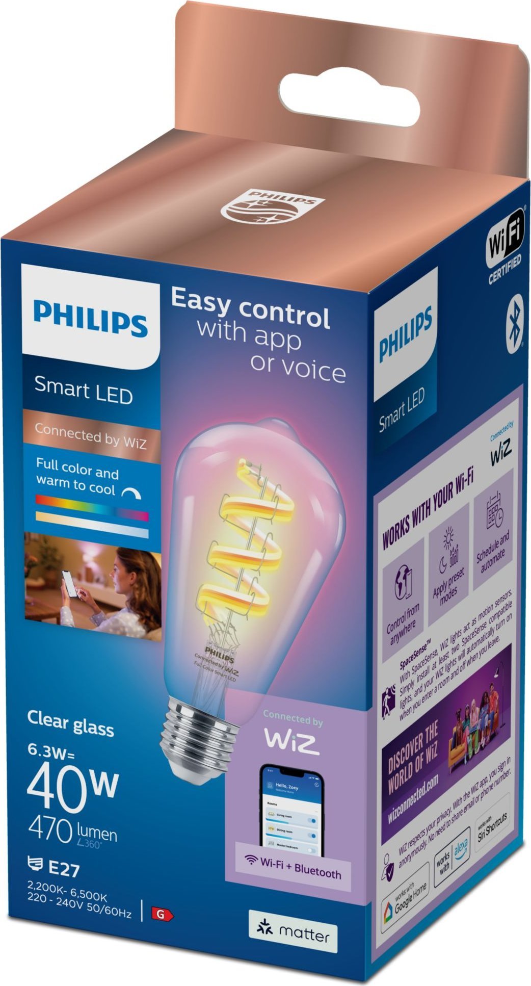 Llambë inteligjente Philips Smart Filament E27 ST64, 6.3W RGBW, transparente