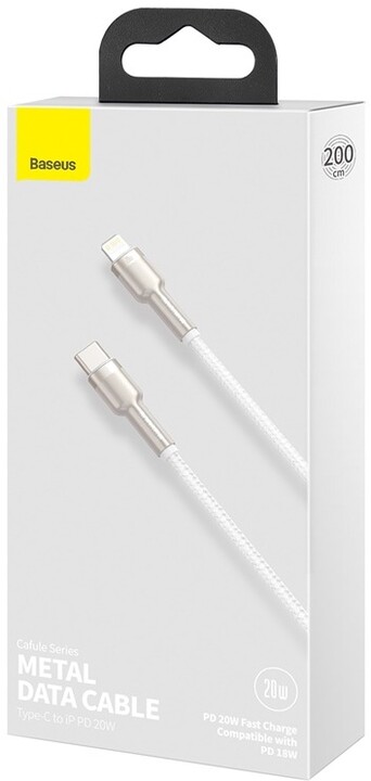 Кабел BASEUS кабел Cafule Series, USB-C - Lightning, M/M, полнење, податоци, 20W, 2m, бел