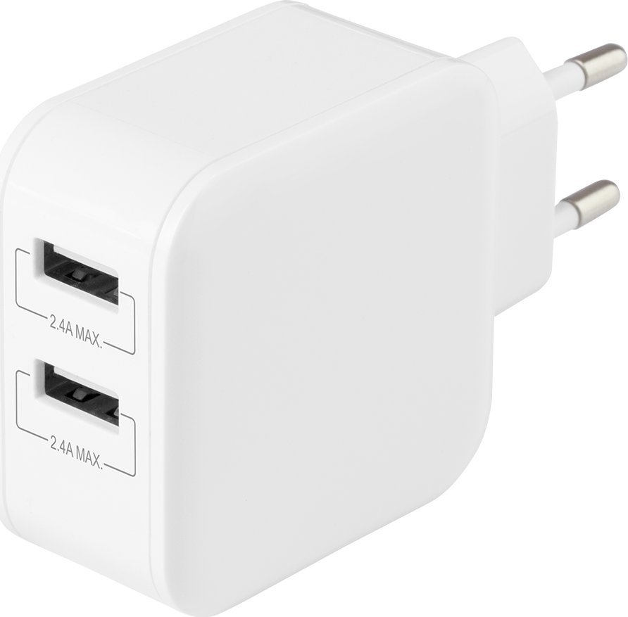 Karikues muror DELTACO, 2 porta USB A, 4.8A 24W, i bardhë