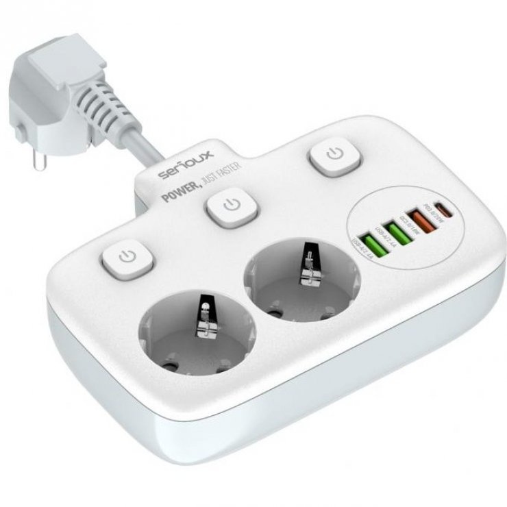 Zgjatues Serioux SRXP-PS24W, 2x Schuko, 3x USB A dhe 1x USB C, 2500W, i bardhë