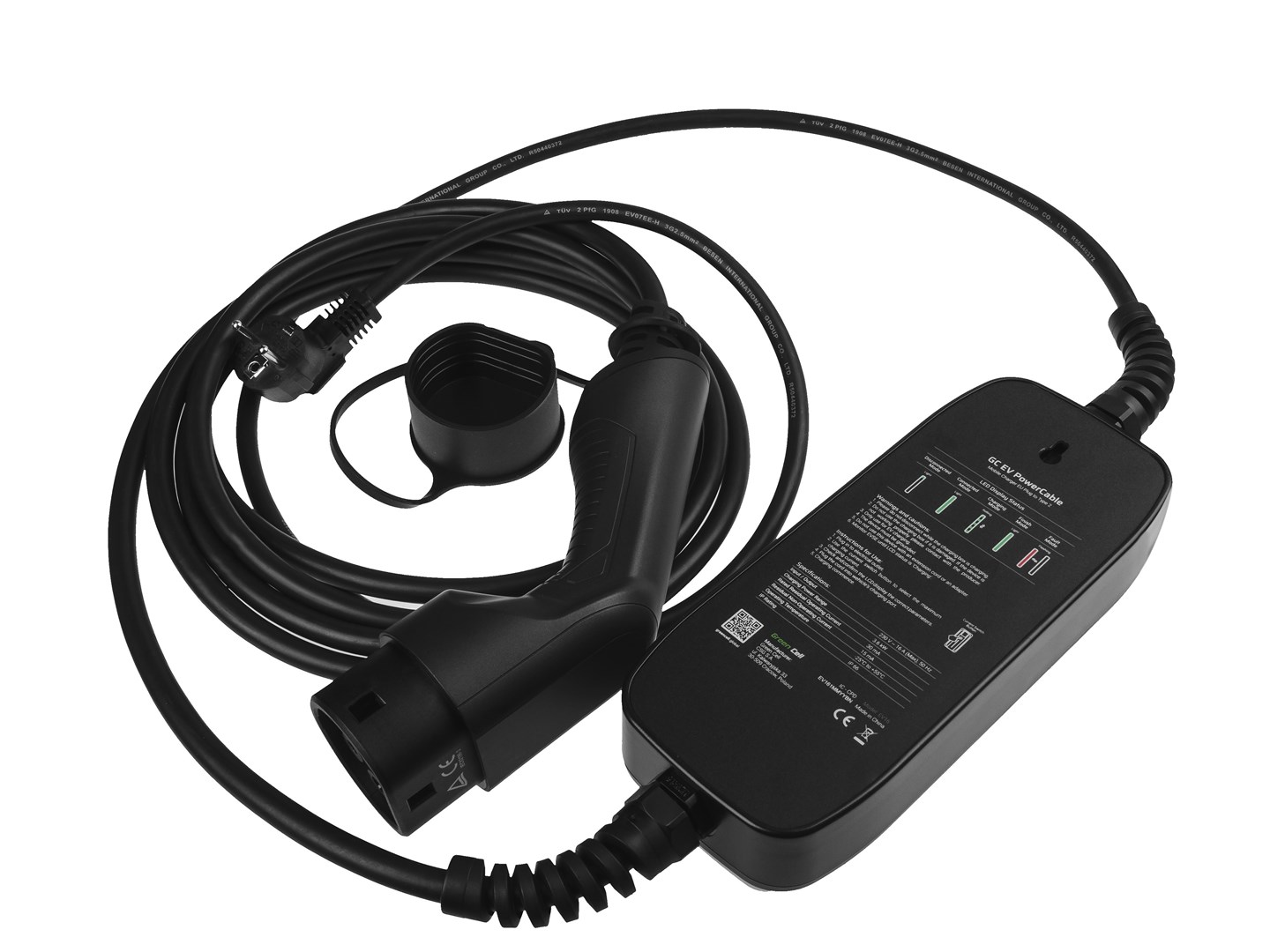 Karikues mobil për vetura elektrike Green Cell PowerCable EV16, 3.6kW, prizë Type 2 Schuko, kabllo 6.5m, i zi
