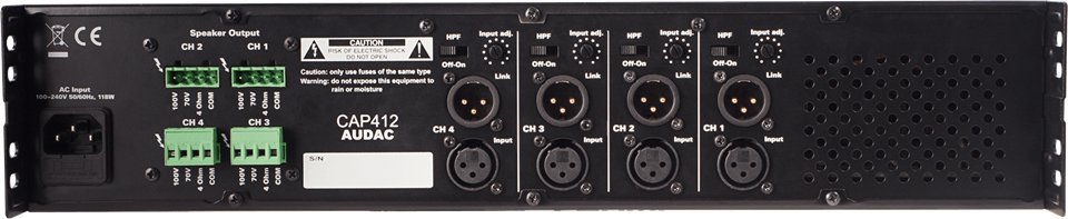 Përforcues audio Audac CAP412, 4 kanale, Class D 100V, i zi