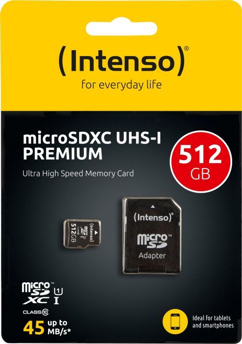 Kartë memorie Intenso Premium MicroSDXC, 512GB, Class 10 UHS I U1, me adapter