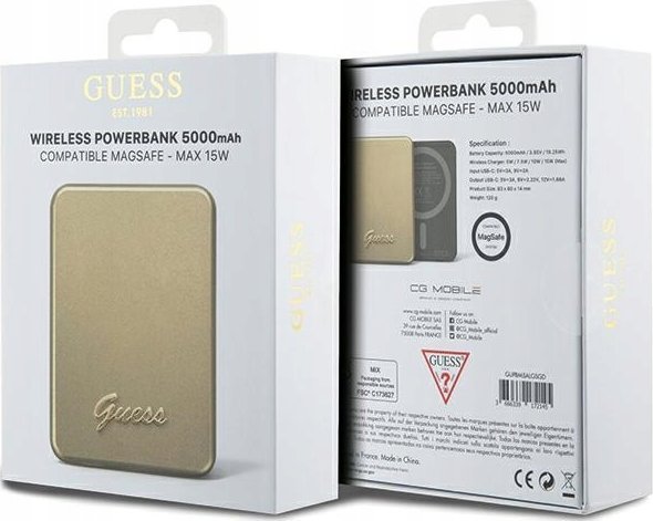 Powerbank Guess Inductive GUPBM5ALGSGD, 5000mAh, 15W MagSafe, ngjyrë ari