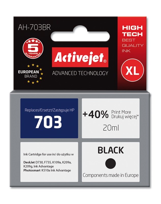 Ngjyrë për printer Activejet AH-703BR (zëvendësim për HP 703 CD887AE), 20 ml, e zezë