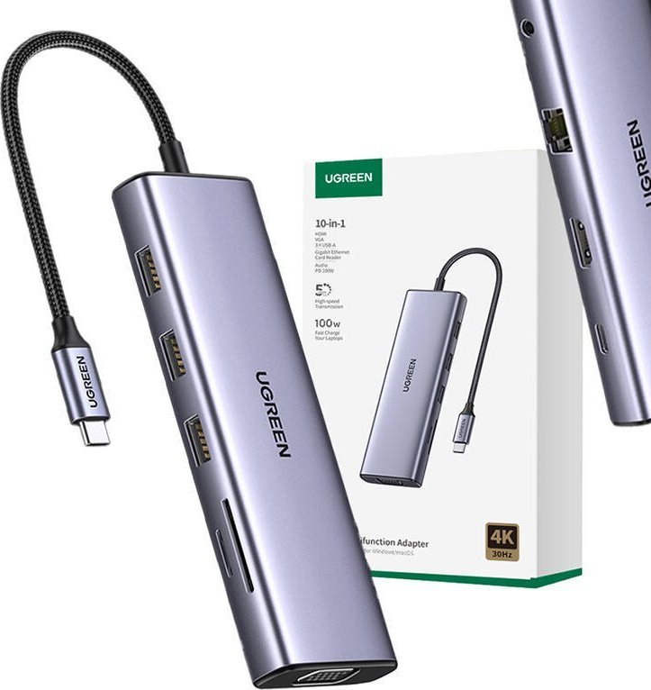 Adapter USB UGREEN CM498, hub 10 në 1, 3x USB 3.0, HDMI VGA RJ45, gri