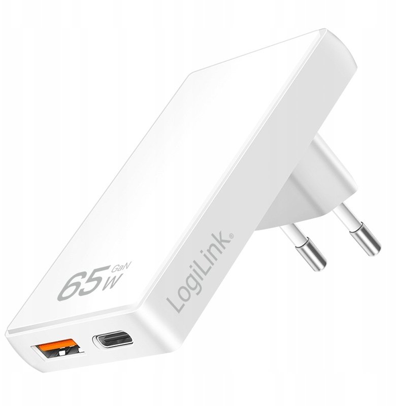 Ѕиден полнач LogiLink GaN, 65W PD, 2 порти USB A и USB C, бел