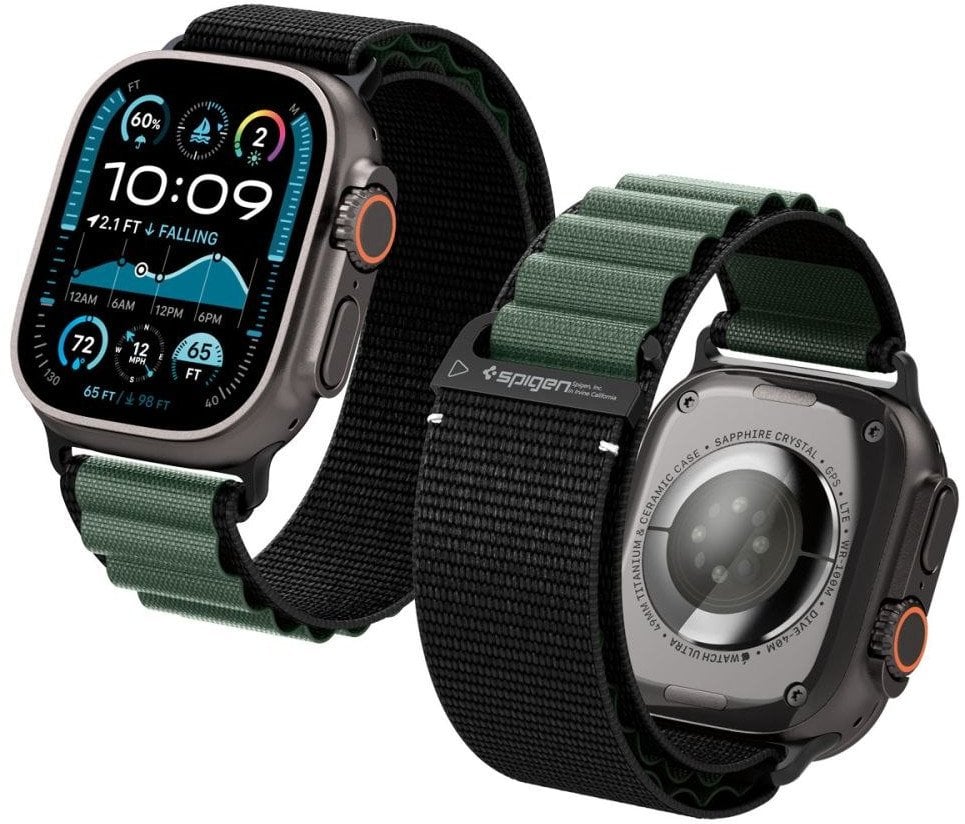 Byzylyk për Apple Watch Spigen WBF1, 44 45 46 49 mm, najlon sportiv, i zi jeshil