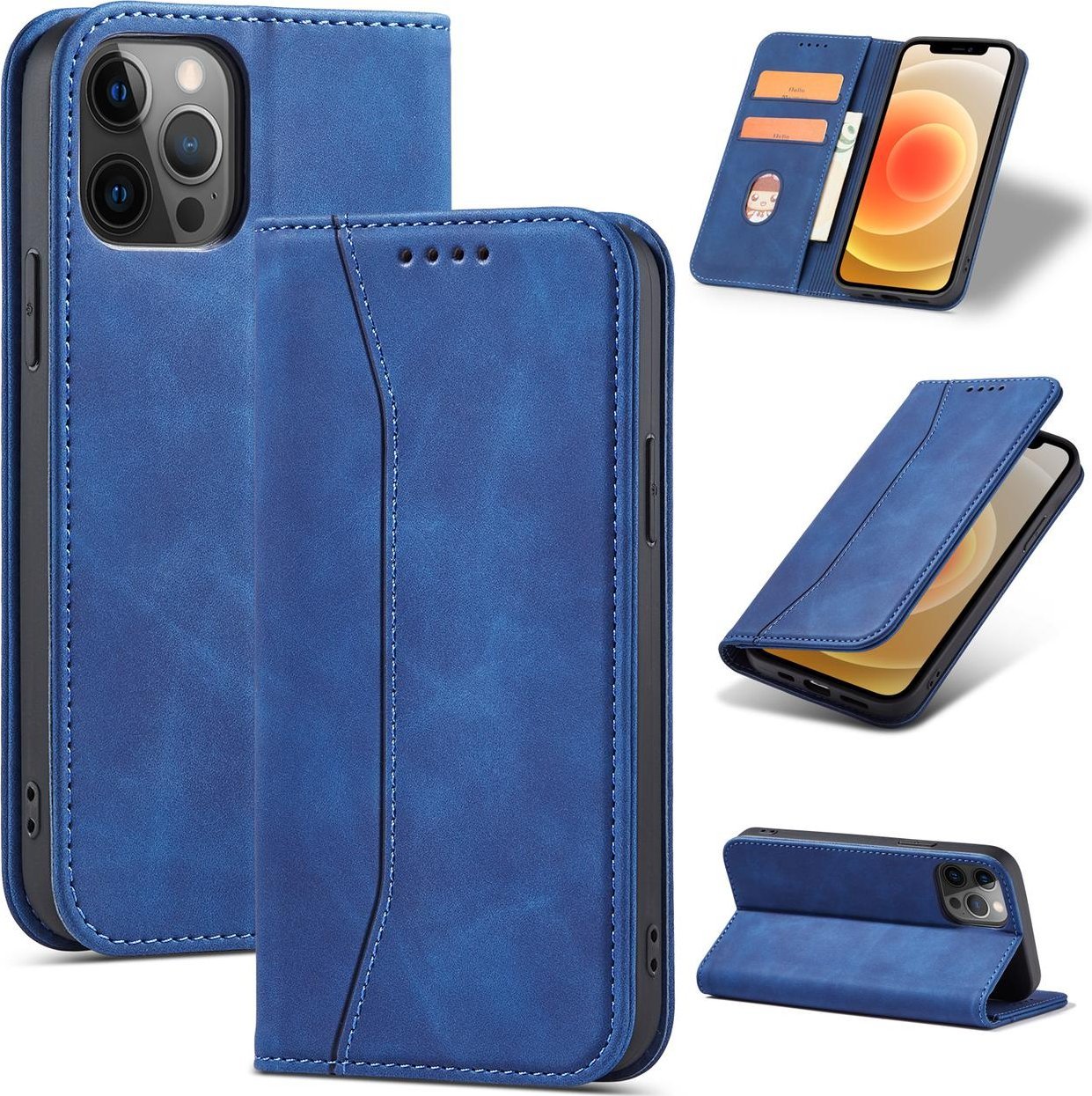 Këllëf portofol Hurtel Magnet Fancy Case për iPhone 12 Pro Max, me mbajtëse kartash, me qëndrim, blu