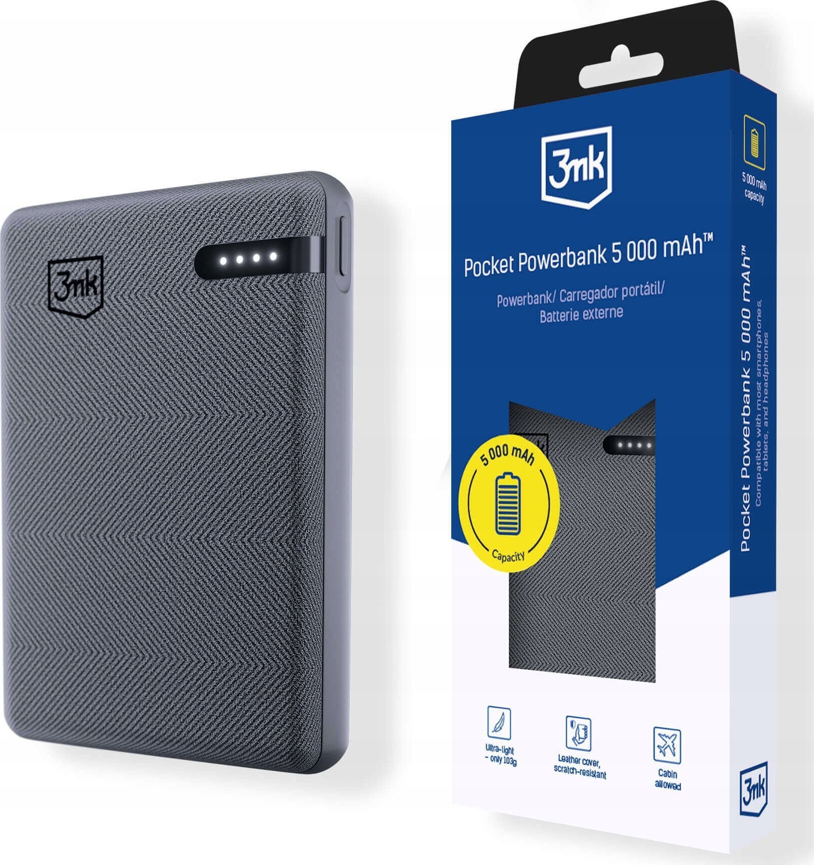 Powerbank 3mk Pocket, 5000mAh, 12W, gri
