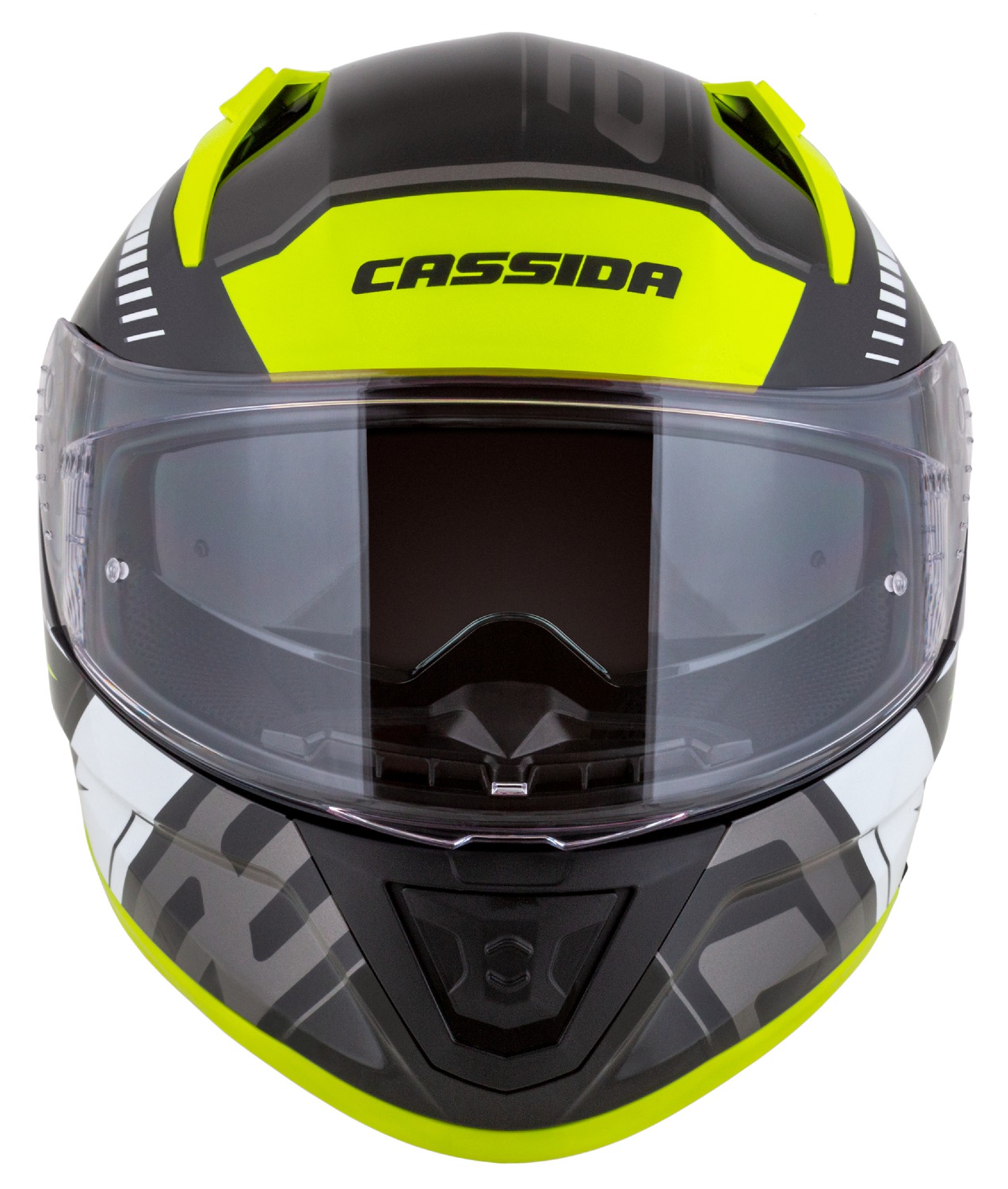 Helmetë moto CASSIDA Aero Drome, integrale, ECE 22.06, e zezë e verdhë fluo e bardhë gri