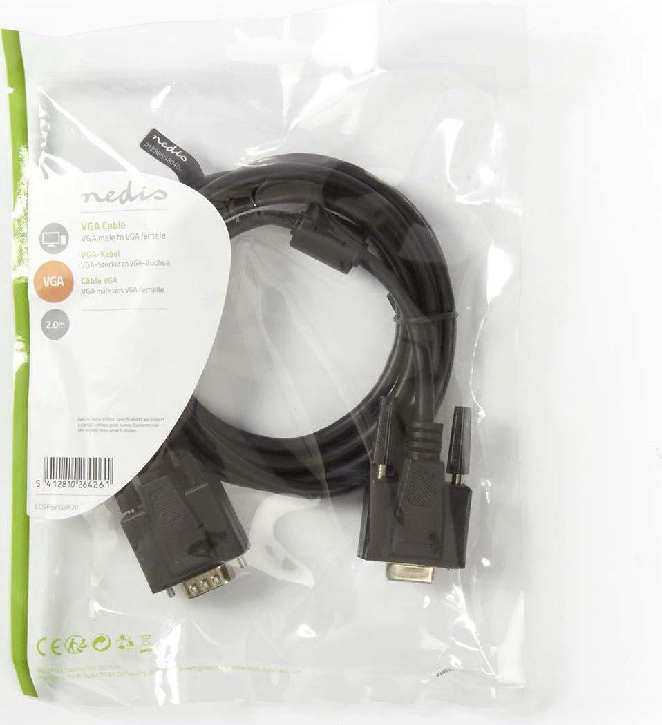 Kabllo VGA Nedis, VGA mashkull në VGA femër, 2 m, e zezë