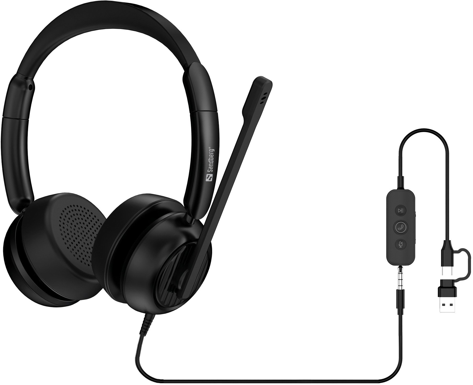 Kufje Sandberg 3in1 Office Headset Pro ENC, me mikrofon, lidhje 3.5mm USB A USB C, e zezë